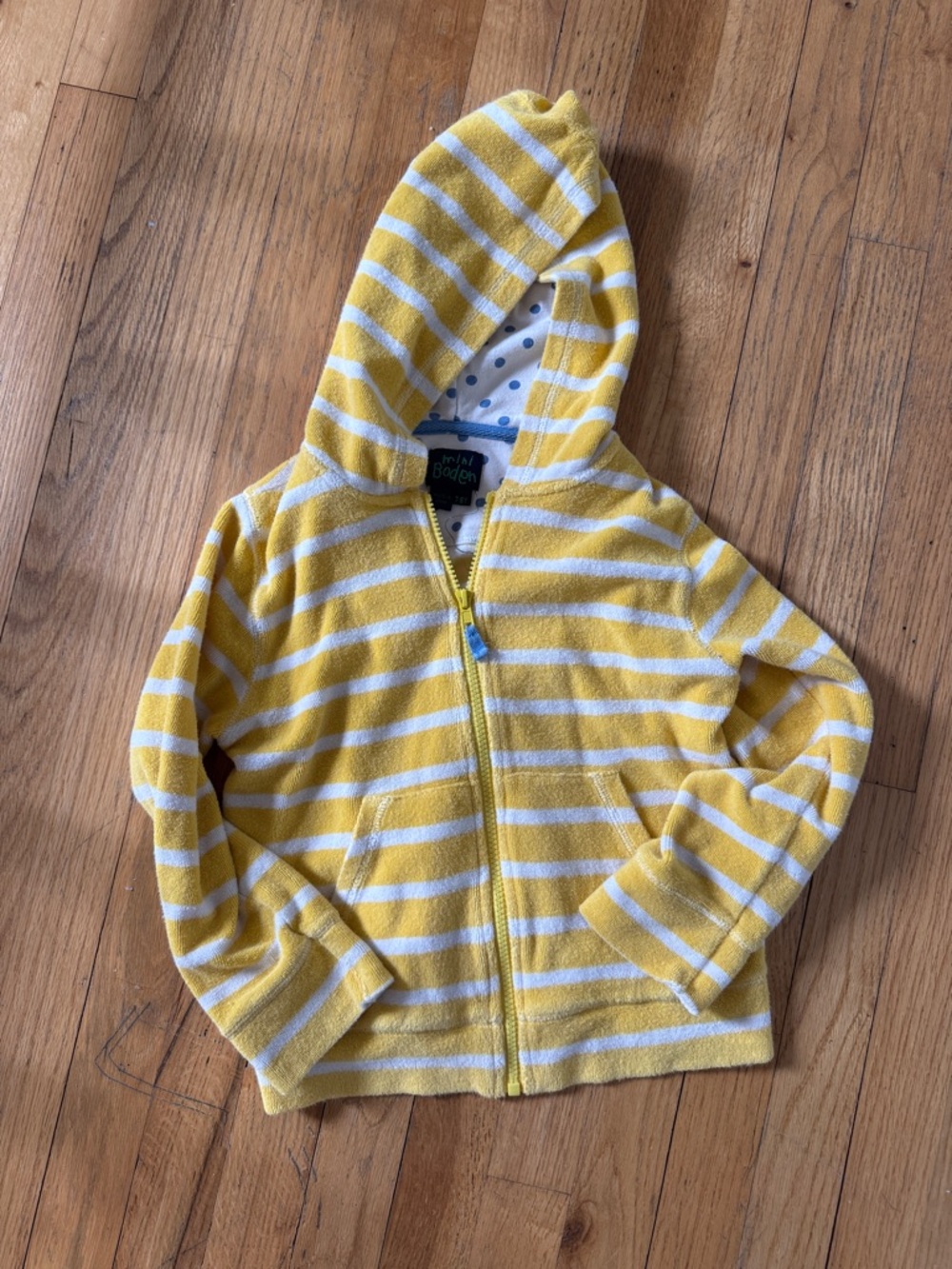Mini Boden Yellow & White Striped Hooded Zip toweling Sweatshirt hoodie 7 8